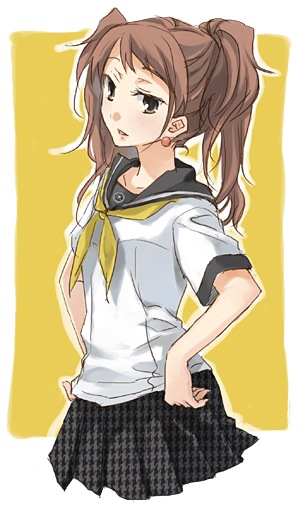 tsuji yuzu, kujikawa rise, atlus, persona, persona 4, 1girl, black skirt, collarbone, cowboy shot, earrings, female focus, hands on own hips, jewelry, neckerchief, pleated skirt, ribbon, school uniform, serafuku, shirt, short hair, short sleeves, simple background, skirt, solo, two side up, white shirt, yellow neckerchief, yellow ribbon