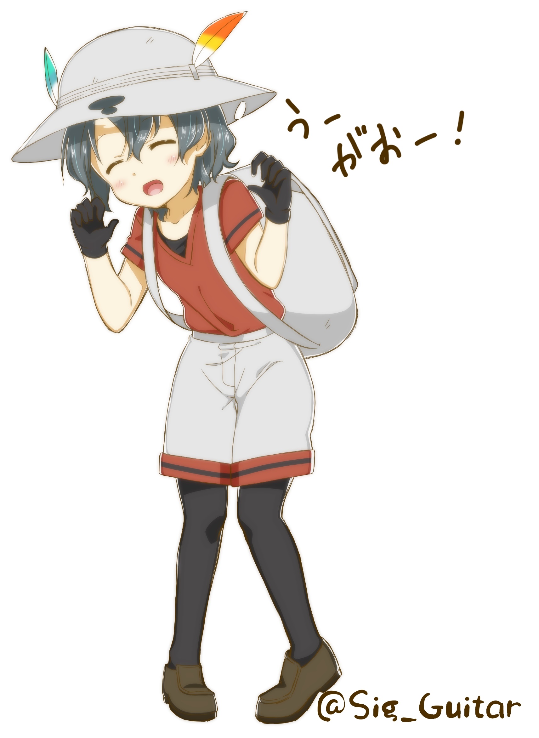 shigure (sigre), kaban (kemono friends), kemono friends, highres, 1girl, black gloves, black hair, black pantyhose, closed eyes, gloves, hat, open mouth, pantyhose, red shirt, shirt, short hair, shorts, smile, solo, undershirt, white background, white hat, white shorts