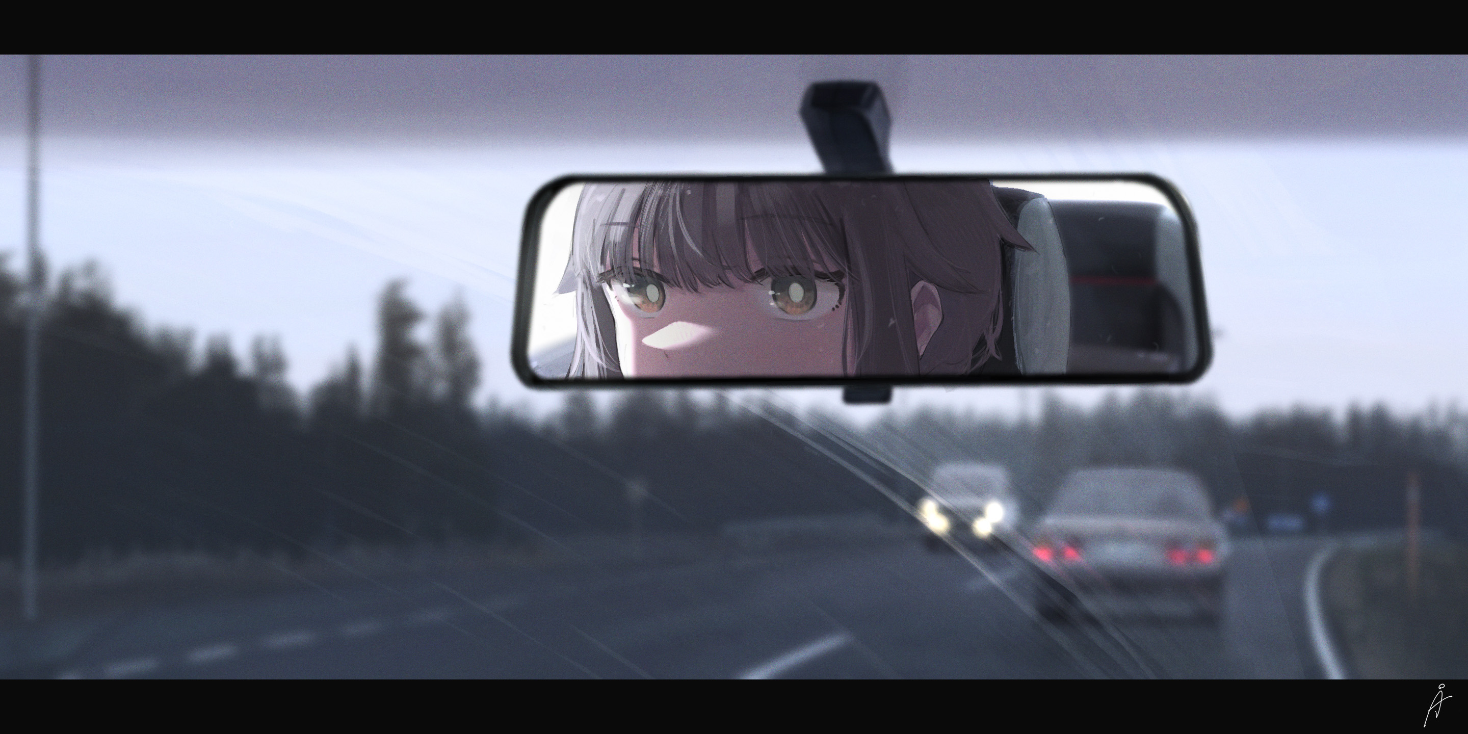 rudeko32, original, chinese commentary, highres, mixed-language commentary, 1girl, brown hair, car, finland, finnish commentary, green eyes, headlight beam, letterboxed, motor vehicle, outdoors, rear-view mirror, road, scenery, solo, traffic