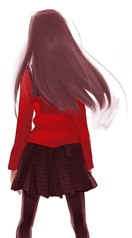 tsuji yuzu, amagi yukiko, atlus, persona, persona 4, lowres, arms at sides, black pantyhose, miniskirt, pantyhose, plaid clothes, plaid skirt, school uniform, serafuku, simple background, skirt, solo, standing, white background
