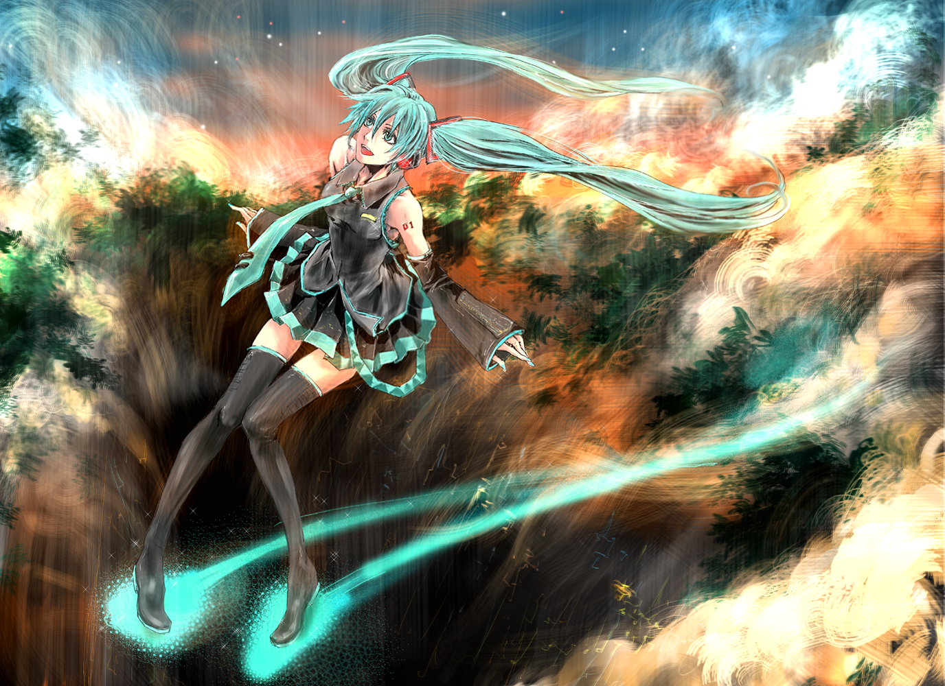 kira (pixiv308168), kira yuki, hatsune miku, vocaloid, blue eyes, blue hair, detached sleeves, long hair, necktie, skirt, solo, thighhighs, twintails