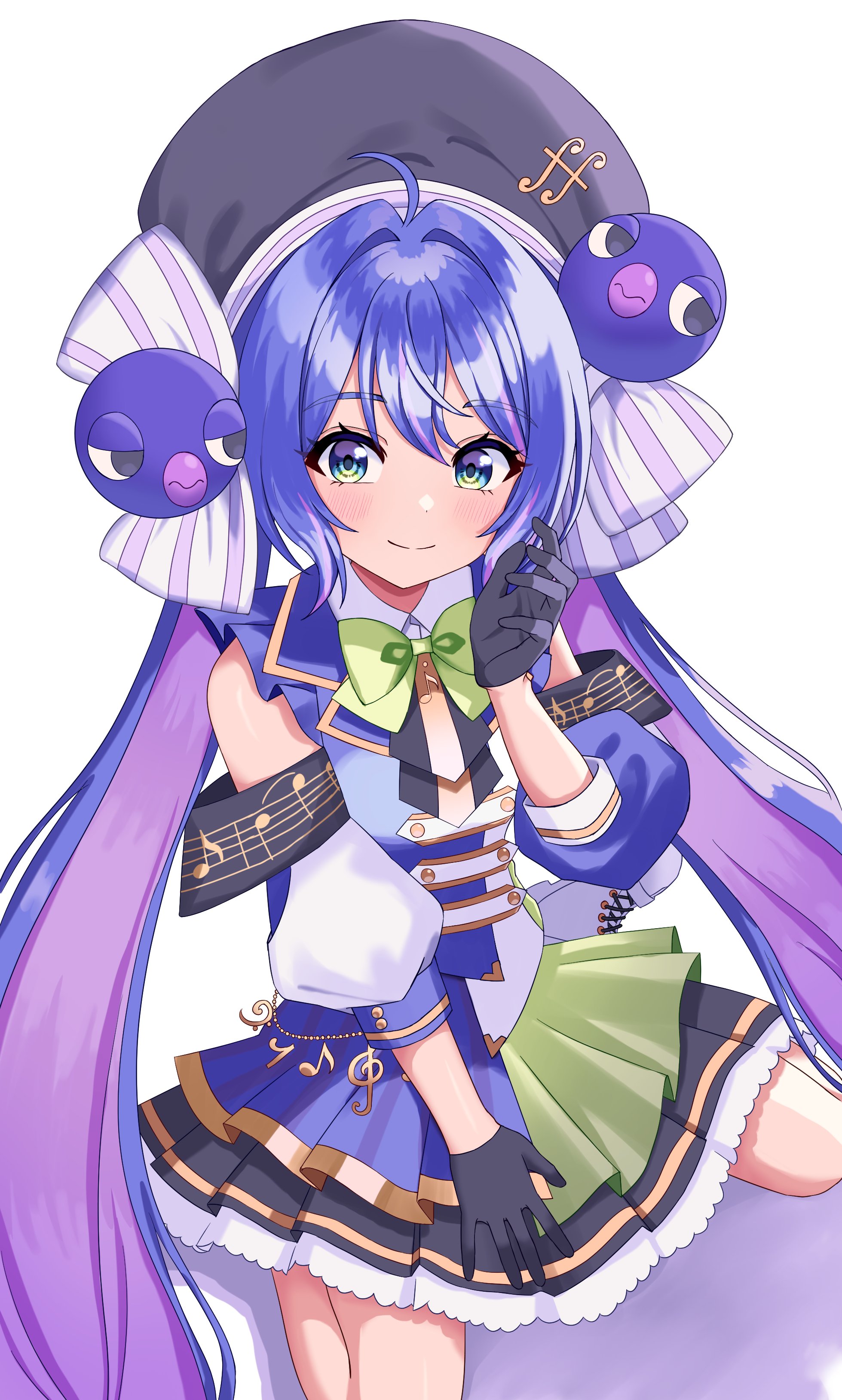 otomachi una, otomachi una (sv), synthesizer v, absurdres, highres, 1girl, absurdly long hair, ahoge, ascot, asymmetrical sleeves, bass clef, beret, black ascot, black gloves, black hat, black skirt, blue eyes, blue hair, blue jacket, blue overskirt, bow, bowtie, buttons, clothing cutout, collared shirt, colored inner hair, double-breasted, double-parted bangs, eighth note, eighth rest, fortissimo, frilled skirt, frills, gloves, green bow, green bowtie, green eyes, hair intakes, half gloves, hat, hat ornament, hat ribbon, jacket, jin illust, lapels, long hair, mismatched sleeves, multicolored eyes, multicolored hair, multicolored jacket, musical note, musical note hat ornament, musical note print, musical staff, musical staff print, overskirt, pleated skirt, puffy sleeves, purple hair, purple streaks, quarter note, ribbon, shirt, shoulder cutout, sidelocks, simple background, sitting, skirt, sleeve cuffs, smile, solo, streaked hair, striped clothes, striped ribbon, three-quarter sleeves, treble clef, twintails, two-tone eyes, two-tone hair, vertical-striped clothes, very long hair, wariza, white background, white ribbon, white shirt