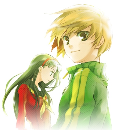 tsuji yuzu, amagi yukiko, satonaka chie, atlus, persona, persona 4, lowres, 2girls, black hair, brown eyes, brown hair, jacket, long hair, multiple girls, neckerchief, sailor collar, school uniform, serafuku, simple background, track jacket, turtleneck, upper body, very long hair, white background, yellow neckerchief, zipper