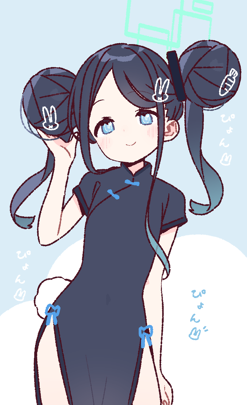 yoru nai, aris (blue archive), blue archive, commentary request, highres, 1girl, alternate hairstyle, black dress, black hair, blue background, blue eyes, blush, china dress, chinese clothes, closed mouth, cowboy shot, dot nose, double bun, dress, green halo, hair bun, hair ornament, halo, hand up, long hair, looking at viewer, parted bangs, rabbit hair ornament, short sleeves, smile, solo