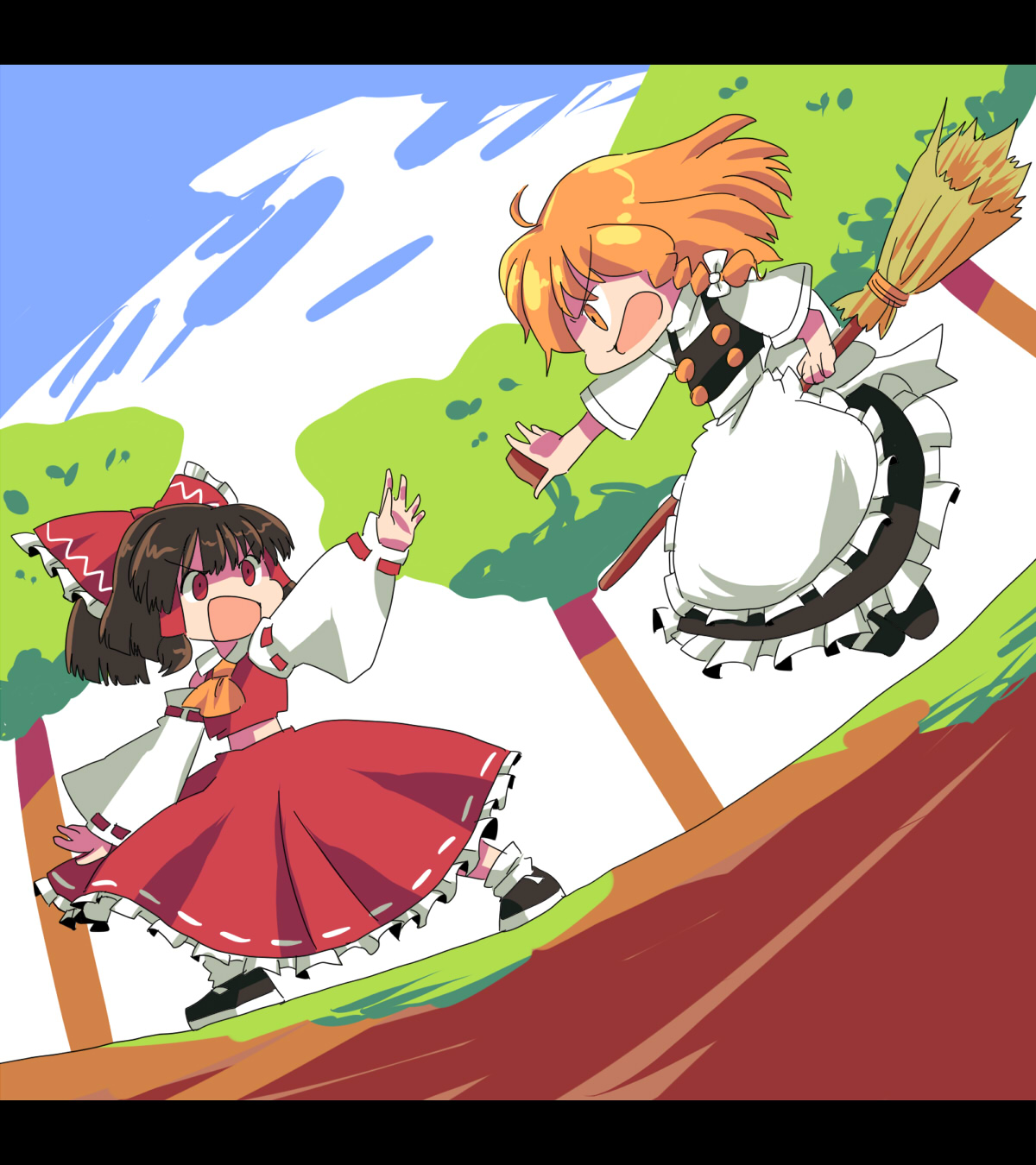 8bit, hachi (8bit canvas), hakurei reimu, kirisame marisa, touhou, bad id, bad pixiv id, highres, 2girls, blonde hair, broom, broom riding, chibi, female focus, letterboxed, mini-hakkero, multiple girls, shouting