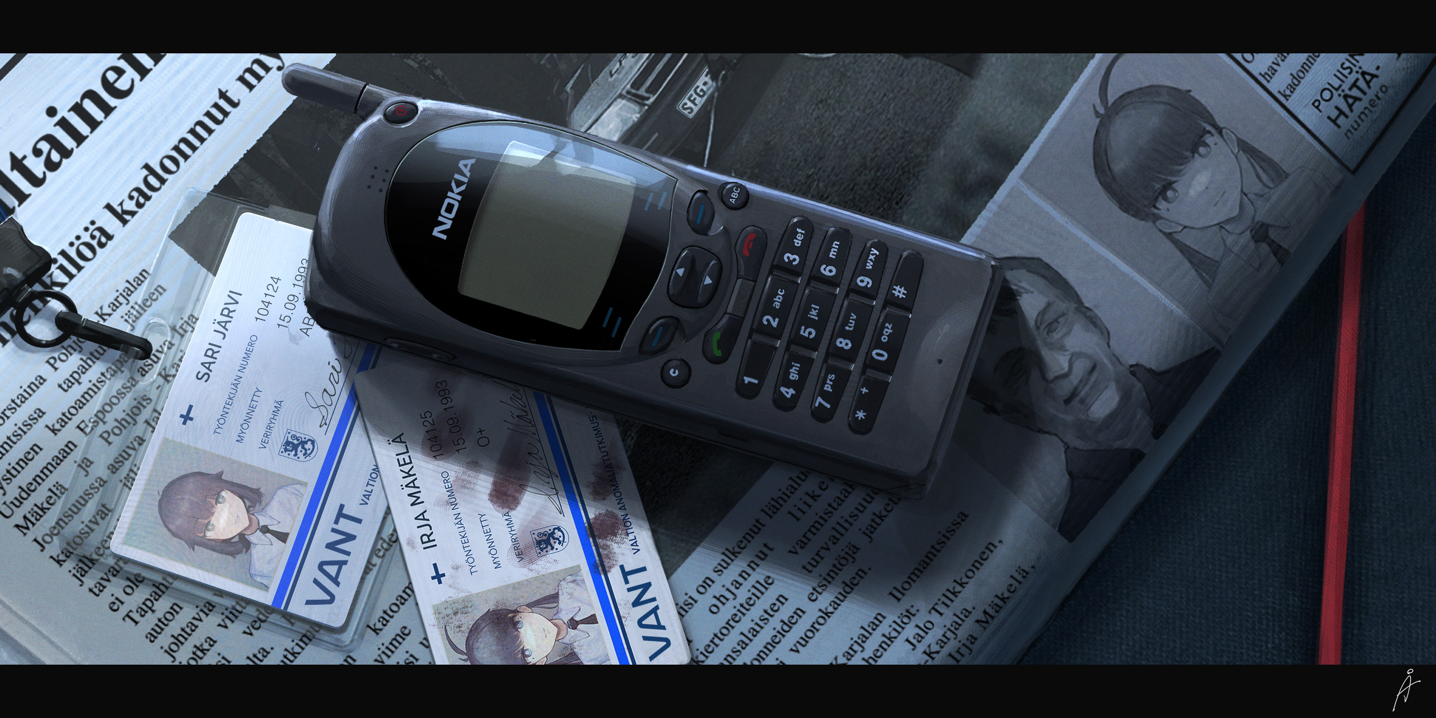 rudeko32, nokia (company), original, chinese commentary, highres, mixed-language commentary, blood, car, cellphone, finnish commentary, finnish text, id card, license plate, motor vehicle, newspaper, no humans, phone