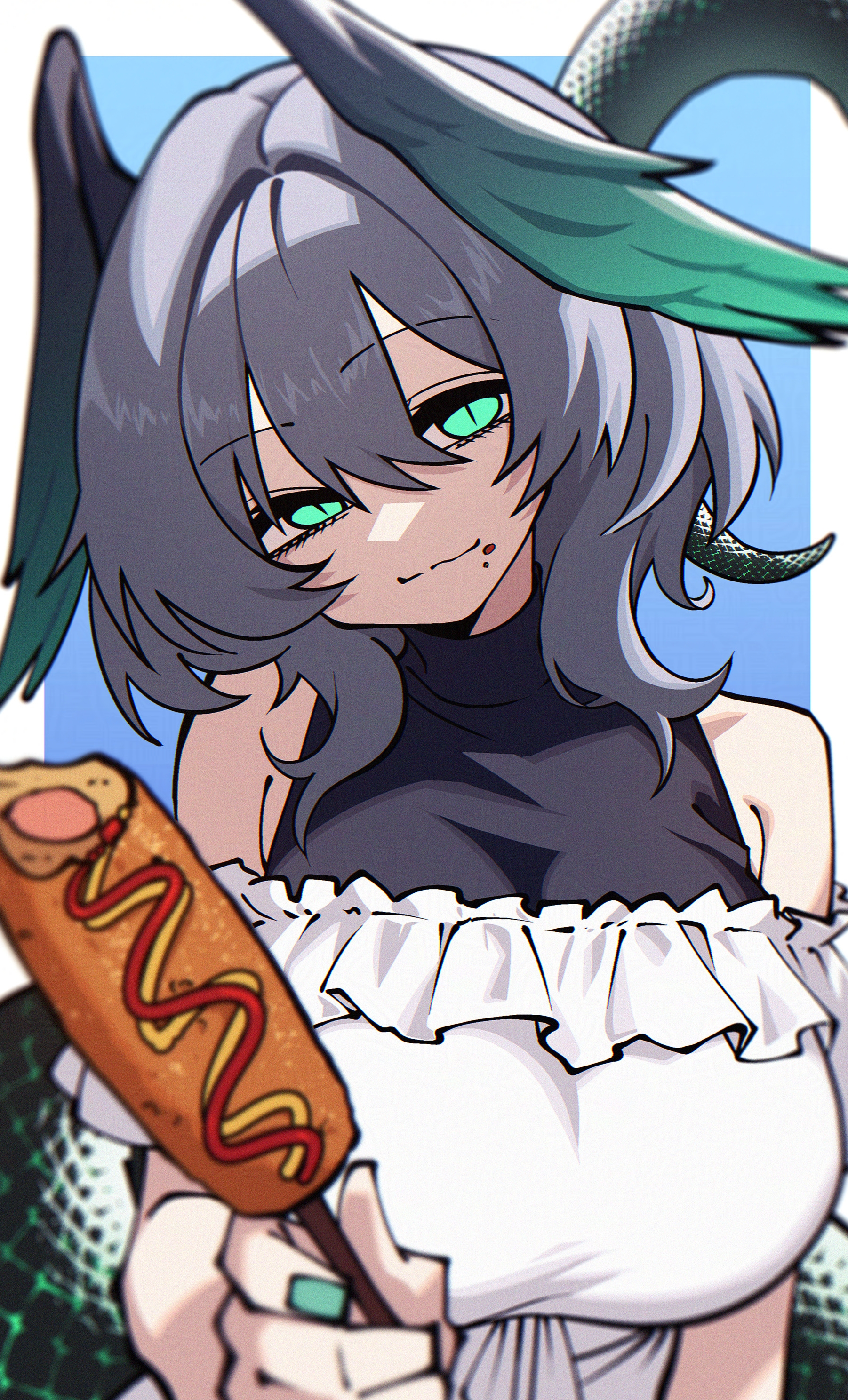 dryegen, ho'olheyak (arknights), arknights, absurdres, commentary, highres, 1girl, alternate costume, aqua eyes, aqua nails, aqua wings, bare shoulders, black shirt, blue background, border, breasts, closed mouth, corn dog, dress, food, food on face, frilled dress, frills, gradient background, grey hair, hair between eyes, hair intakes, head tilt, head wings, holding, holding food, large breasts, looking at viewer, medium hair, shirt, snake tail, solo, tail, turtleneck, turtleneck shirt, upper body, white border, white dress, wings