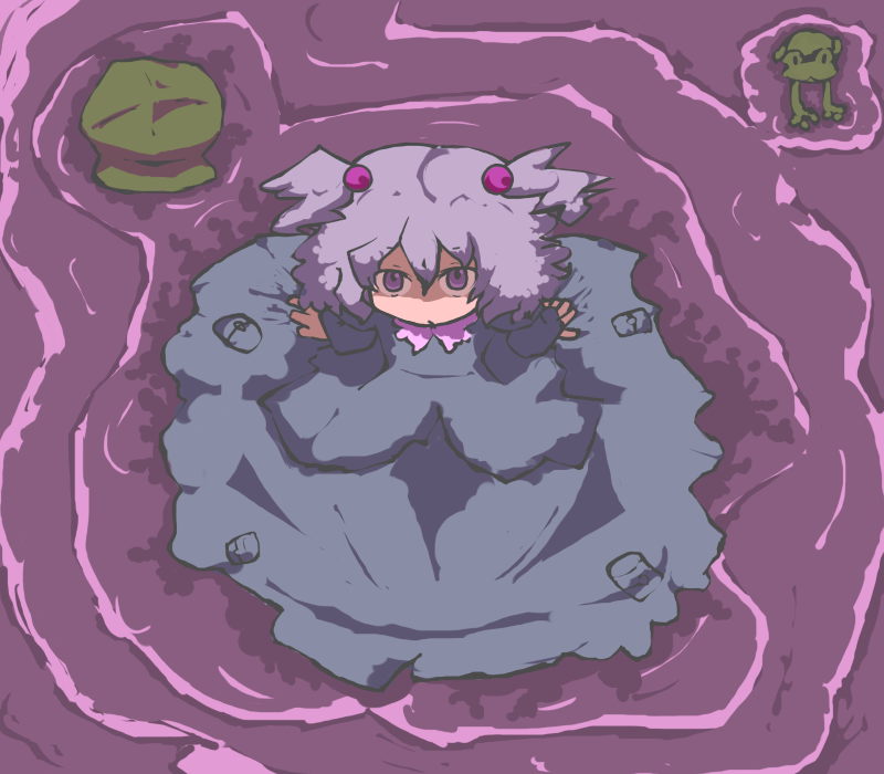 inishie, kawashiro nitori, touhou, bad id, bad pixiv id, 1girl, chibi, female focus, from above, purple eyes, purple hair, solo, two side up
