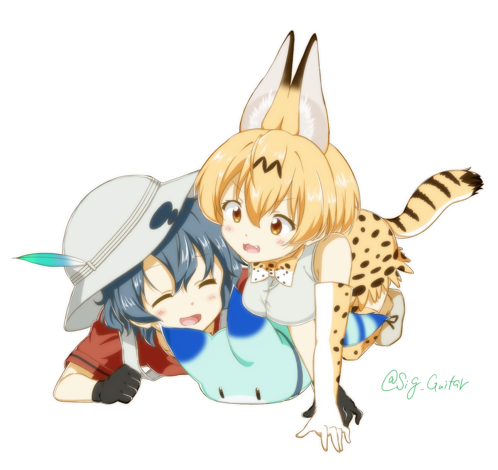 shigure (sigre), kaban (kemono friends), serval (kemono friends), kemono friends, highres, 2girls, animal ears, black gloves, black hair, blonde hair, blush, cat ears, cat girl, cat tail, closed eyes, extra ears, fang, gloves, light blush, looking at viewer, multiple girls, open mouth, red shirt, shirt, short hair, skirt, smile, tail, white shirt, yellow eyes, yellow skirt