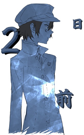 tsuji yuzu, shirogane naoto, atlus, persona, persona 4, 1girl, androgynous, blue theme, female focus, hat, monochrome, newsboy cap, reverse trap, simple background, solo, white background