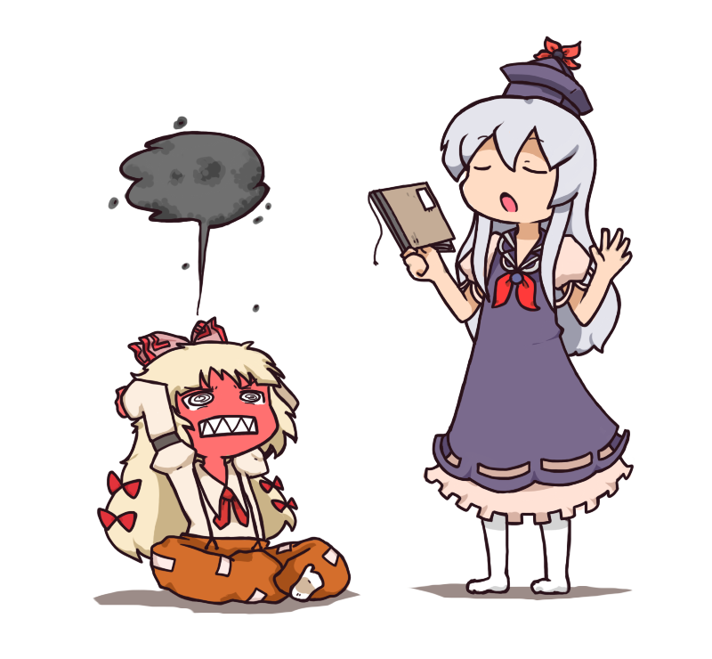 inishie, fujiwara no mokou, kamishirasawa keine, touhou, fume, silver hair, 2girls, angry, blonde hair, blue dress, book, bow, chibi, closed eyes, dress, female focus, hair bow, hat, long hair, long sleeves, multiple girls, multiple hair bows, open mouth, pants, puffy short sleeves, puffy sleeves, short sleeves, simple background, sitting, white background