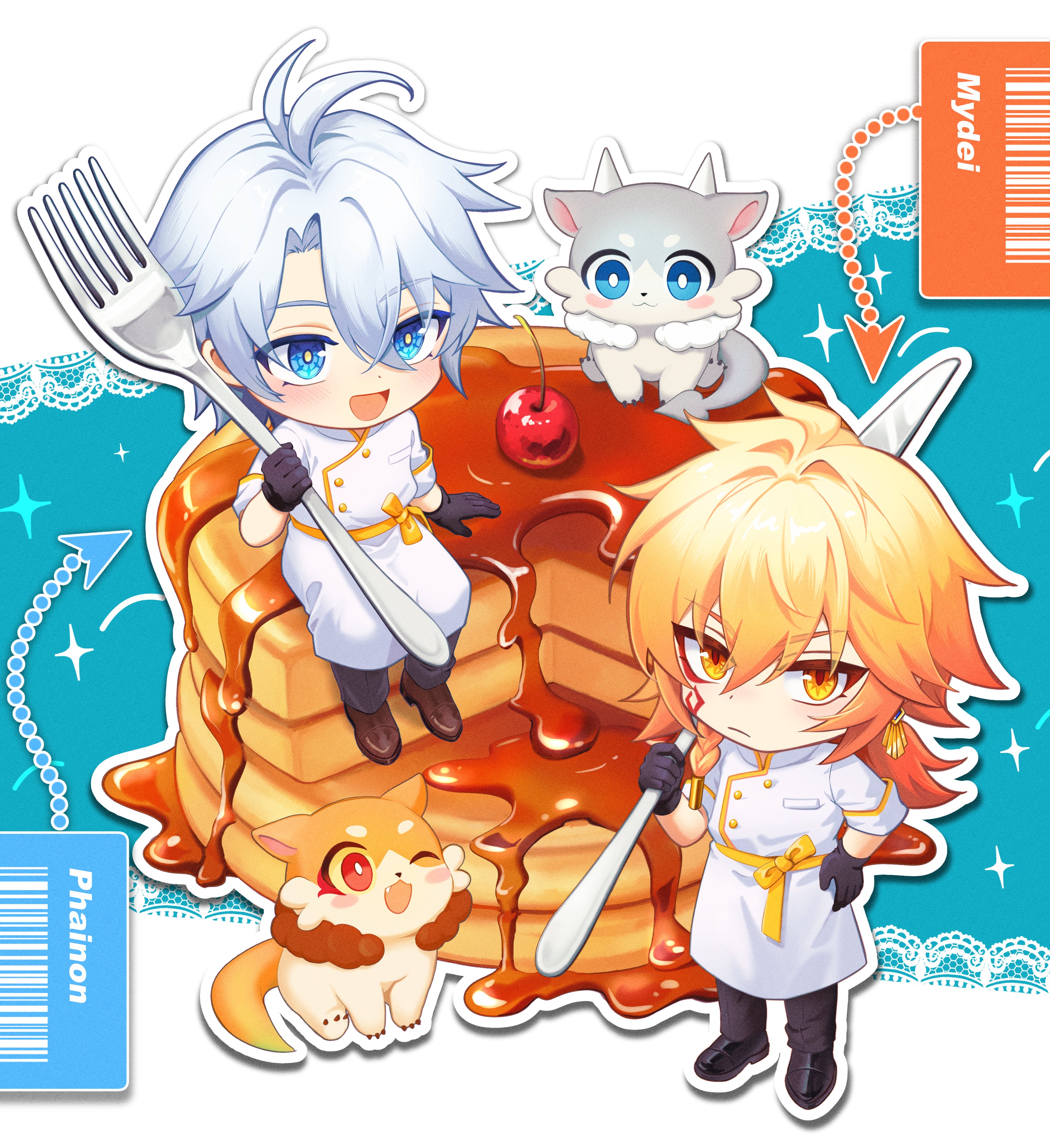 haecho 01, mydei (chrysos chef) (honkai: star rail), mydei (fig stew) (honkai: star rail), mydei (honkai: star rail), phainon (chrysos chef) (honkai: star rail), phainon (honkai: star rail), phainon (vigethos) (honkai: star rail), honkai: star rail, honkai (series), absurdres, hashtag-only commentary, highres, 2boys, antenna hair, black pants, black shorts, blonde hair, blue eyes, braid, character name, chibi, chibi only, chimera (honkai: star rail), coat, facial tattoo, gradient hair, holding utensil, male focus, medium hair, multicolored hair, multiple boys, official alternate costume, oversized spoon, pants, parted bangs, red hair, red tattoo, short hair, shorts, side braid, tattoo, white coat, white hair, yellow eyes