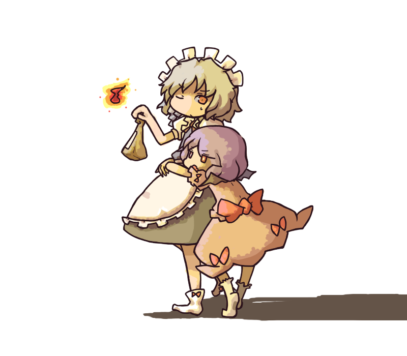 inishie, izayoi sakuya, remilia scarlet, touhou, 2girls, chibi, female focus, hug, multiple girls, socks
