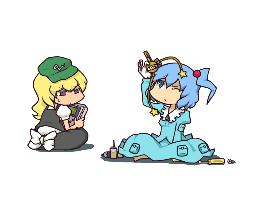 inishie, kawashiro nitori, kirisame marisa, nintendo, pokemon, touhou, 2girls, blonde hair, blue hair, chibi, female focus, game boy, game boy (original), gloves, handheld game console, hat, long sleeves, multiple girls, one eye closed, puffy short sleeves, puffy sleeves, screwdriver, short sleeves, sweatdrop, two side up, unworn hat, unworn headwear, white background
