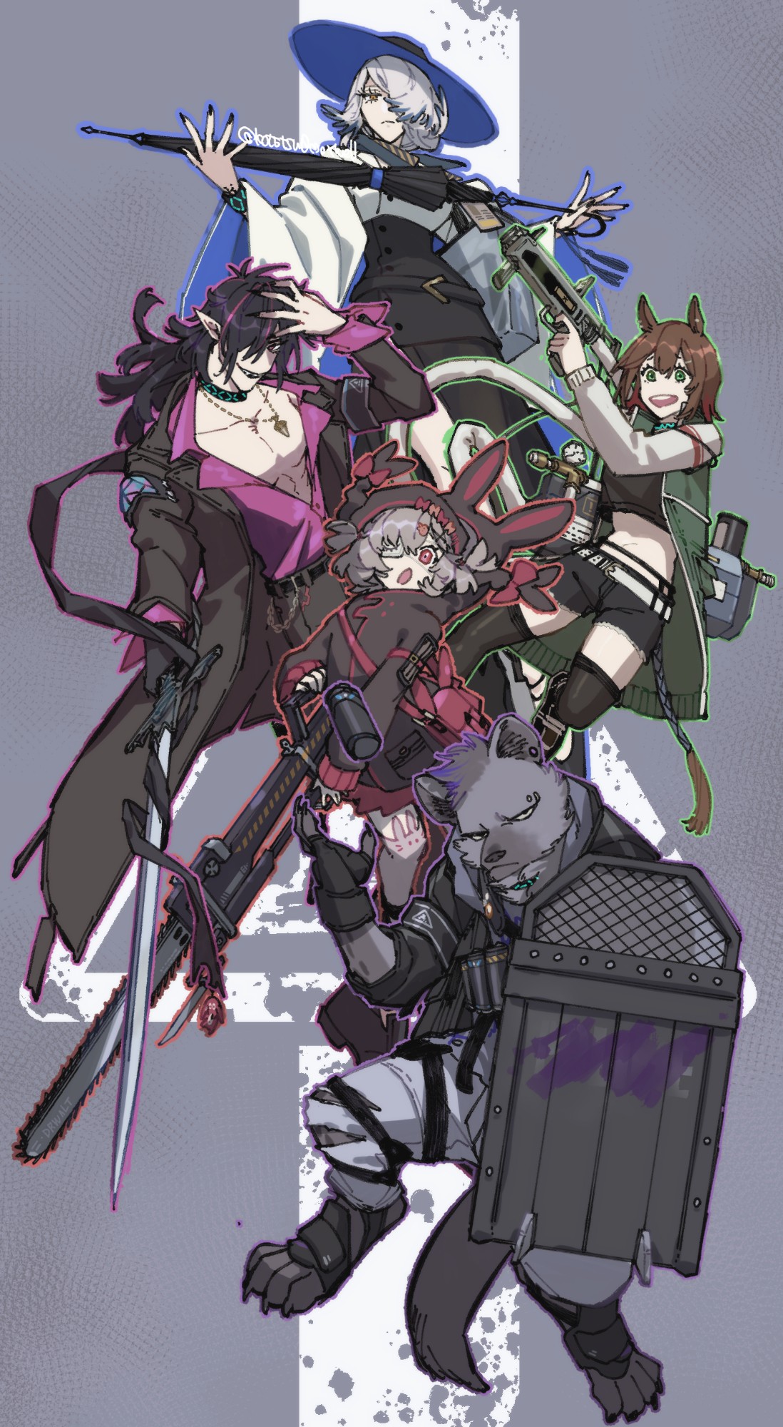 koryuu (gackter10), catapult (arknights), midnight (arknights), orchid (arknights), popukar (arknights), spot (arknights), arknights, commentary request, highres, 2boys, 3girls, animal ears, ballistic shield, black coat, black hair, black hat, black jacket, black skirt, blue hair, brown hair, chainsaw, claws, closed mouth, coat, donkey ears, eyebrow piercing, face piercing, fingerless gloves, gloves, green jacket, grey fur, grey pants, gun, hat, holding, holding chainsaw, holding gun, holding shield, holding sword, holding umbrella, holding weapon, hyena boy, hyena ears, hyena tail, jacket, looking at viewer, looking to the side, multicolored hair, multiple boys, multiple girls, open mouth, pants, pectorals, piercing, pink shirt, pointy ears, shield, shirt, skirt, smile, streaked hair, sun hat, sword, umbrella, vampire, weapon, white shirt