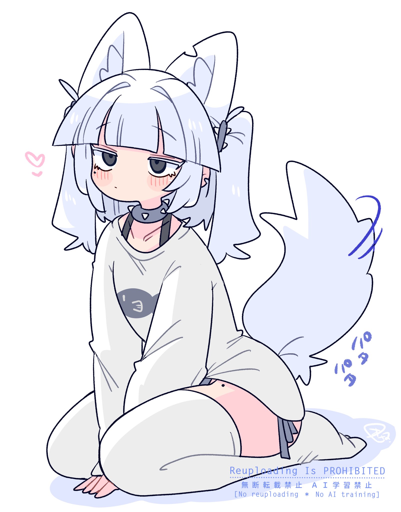 op na yarou, original, commentary, highres, 1boy, animal ear fluff, animal ears, animal print, arms between legs, black panties, blunt bangs, blush, bra strap, collar, collarbone, crossdressing, crossdressing (mtf), dog boy, dog ears, dog tail, eve (op na yarou), expressionless, fish print, grey eyes, hair intakes, hair tie, heart, jitome, male focus, medium hair, mole, mole under eye, no nose, no pants, no shoes, notched ear, panties, panty peek, print shirt, raised eyebrows, seiza, shirt, side-tie panties, sidelocks, simple background, sitting, solo, spiked collar, spikes, tail, tail wagging, thighhighs, trap, two side up, underwear, v arms, watermark, white background, white hair, white shirt, white thighhighs