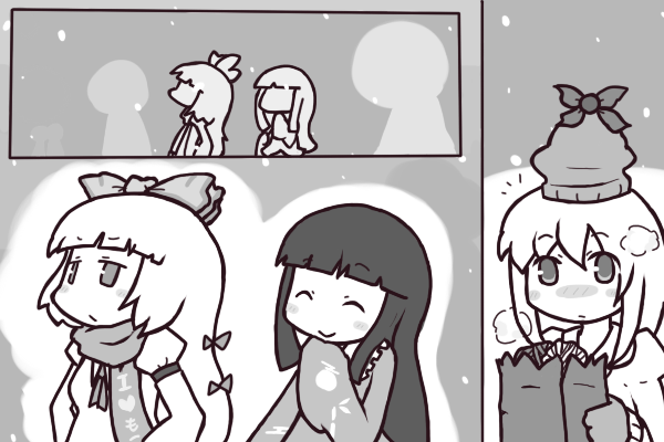 inishie, fujiwara no mokou, houraisan kaguya, kamishirasawa keine, touhou, bad id, bad pixiv id, 2girls, chibi, comic, female focus, hat, monochrome, multiple girls, scarf, snowing, upper body, winter
