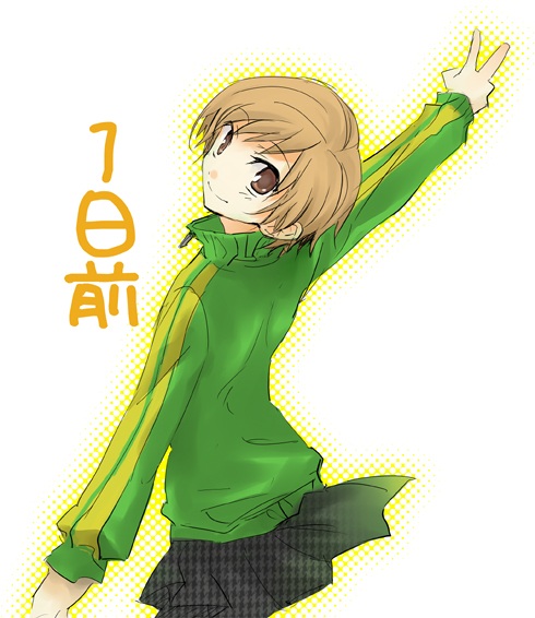 tsuji yuzu, satonaka chie, atlus, persona, persona 4, 1girl, black skirt, blush, brown eyes, brown hair, female focus, from behind, jacket, long sleeves, looking at viewer, looking back, miniskirt, plaid clothes, plaid skirt, simple background, skirt, solo, track jacket, v, white background