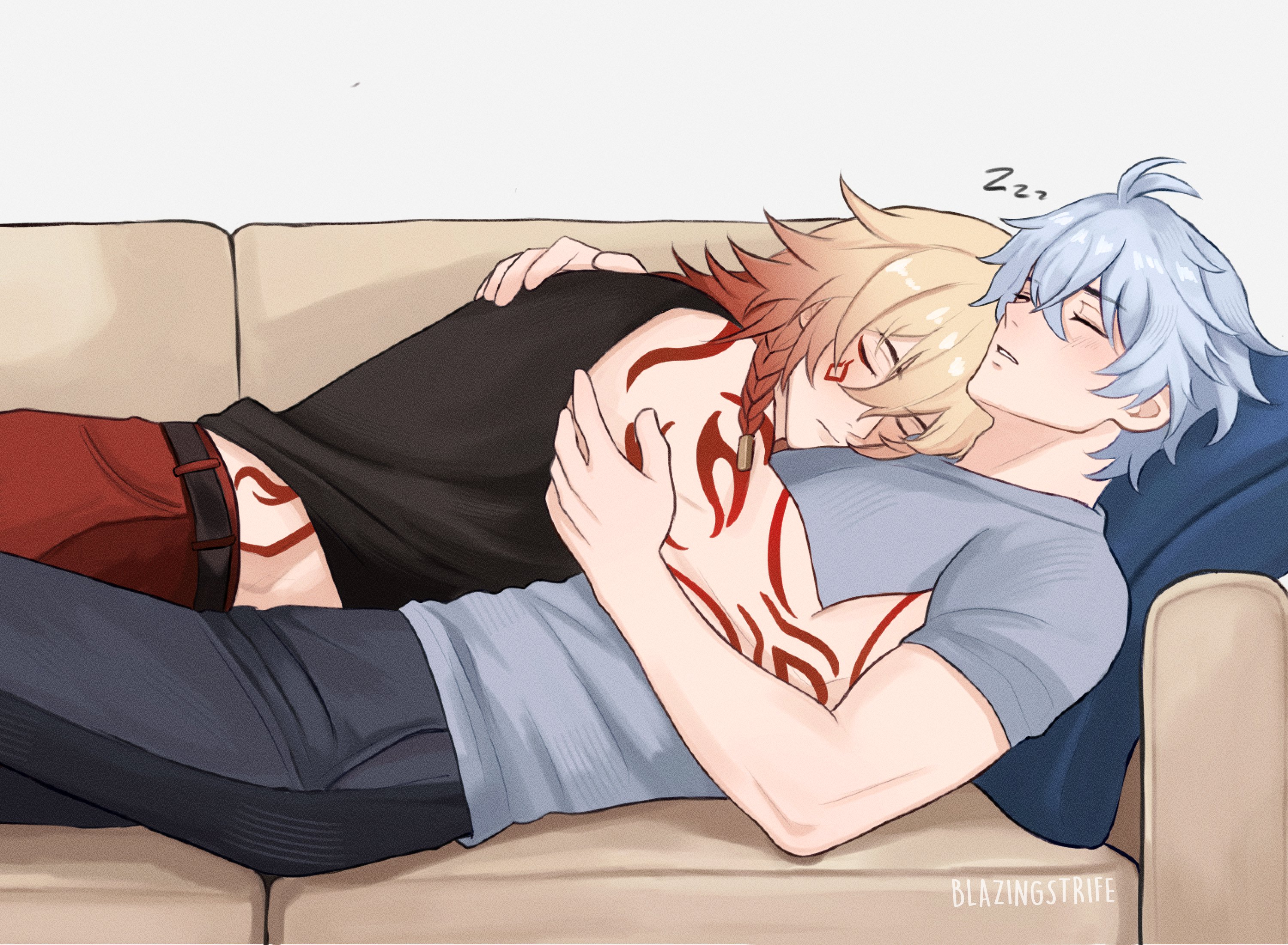 mydei (honkai: star rail), phainon (honkai: star rail), honkai: star rail, honkai (series), commentary, english commentary, highres, 2boys, antenna hair, arm tattoo, artist name, black tank top, blazingstrife, blonde hair, blue eyes, braid, couch, facial tattoo, gradient hair, grey shirt, lying, male focus, medium hair, multicolored hair, multiple boys, on back, on couch, parted bangs, red hair, red tattoo, shirt, shoes, short hair, side braid, sleeping, sleeping on person, tank top, tattoo, white hair, yaoi, yellow eyes