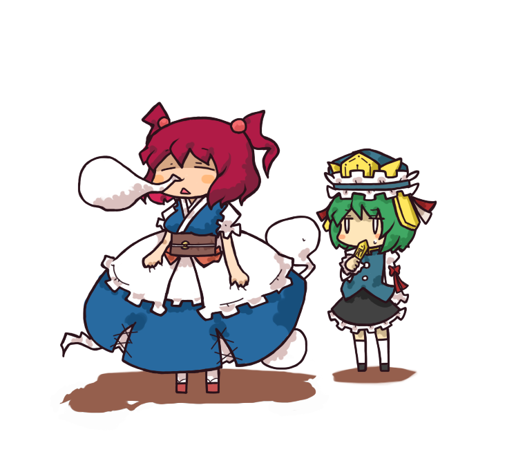 inishie, onozuka komachi, shiki eiki, touhou, 2girls, blush stickers, chibi, female focus, ghost, hitodama, multiple girls, rod of remorse
