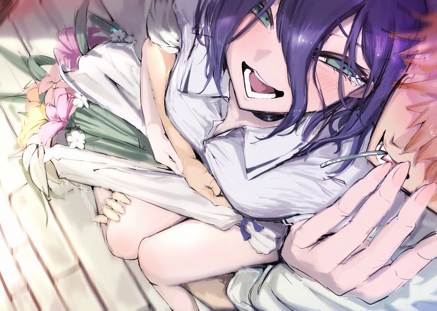 thenami, denji (chainsaw man), reze (chainsaw man), chainsaw man, commentary, english commentary, 1boy, 1girl, bare legs, blush, bouquet, breasts, carrying, flower, hair between eyes, hetero, long hair between eyes, medium breasts, open collar, princess carry, purple hair, sharp teeth, shirt, smile, teeth, white shirt
