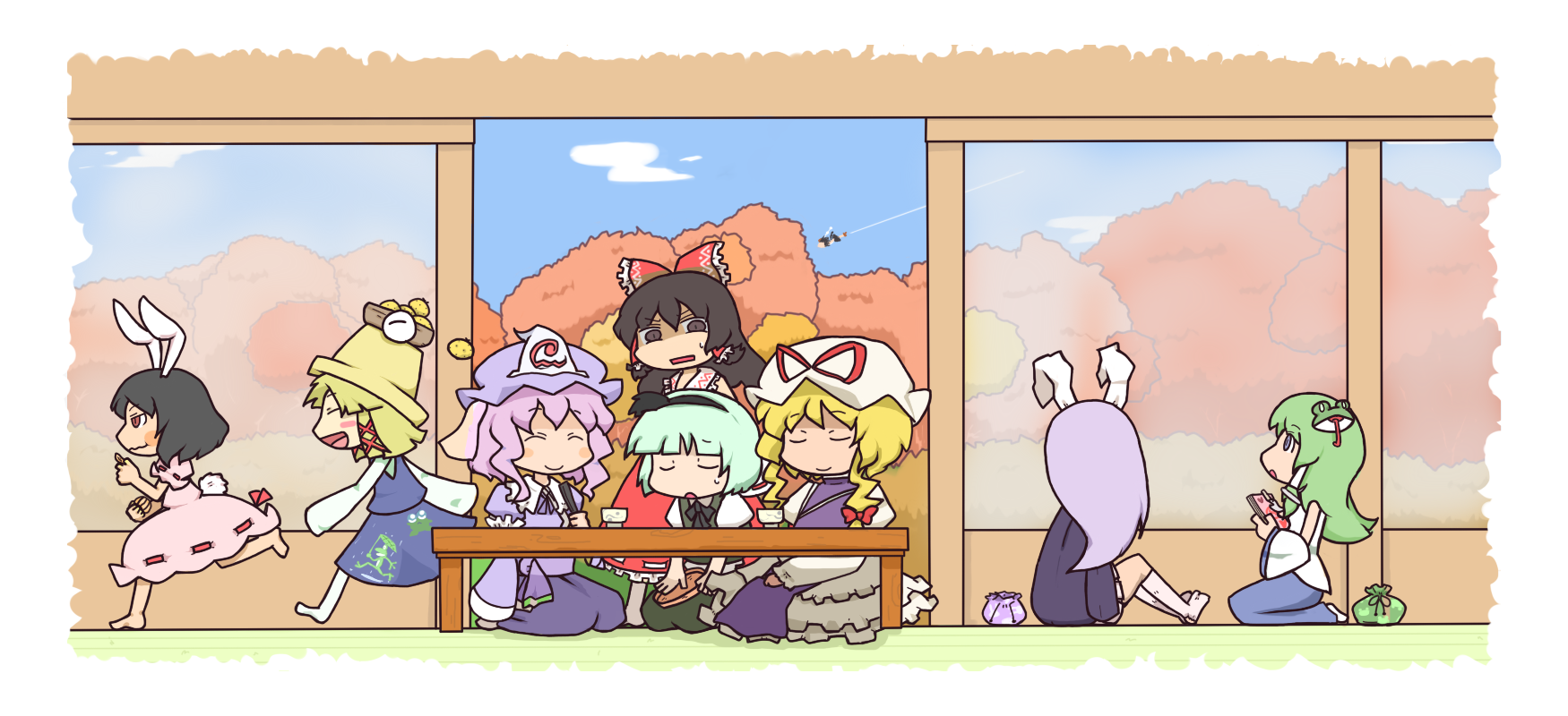 inishie, hakurei reimu, inaba tewi, kochiya sanae, konpaku youmu, moriya suwako, reisen udongein inaba, saigyouji yuyuko, shameimaru aya, yakumo yukari, touhou, bad id, bad pixiv id, highres, 6+girls, chibi, contrail, female focus, multiple girls, object on head