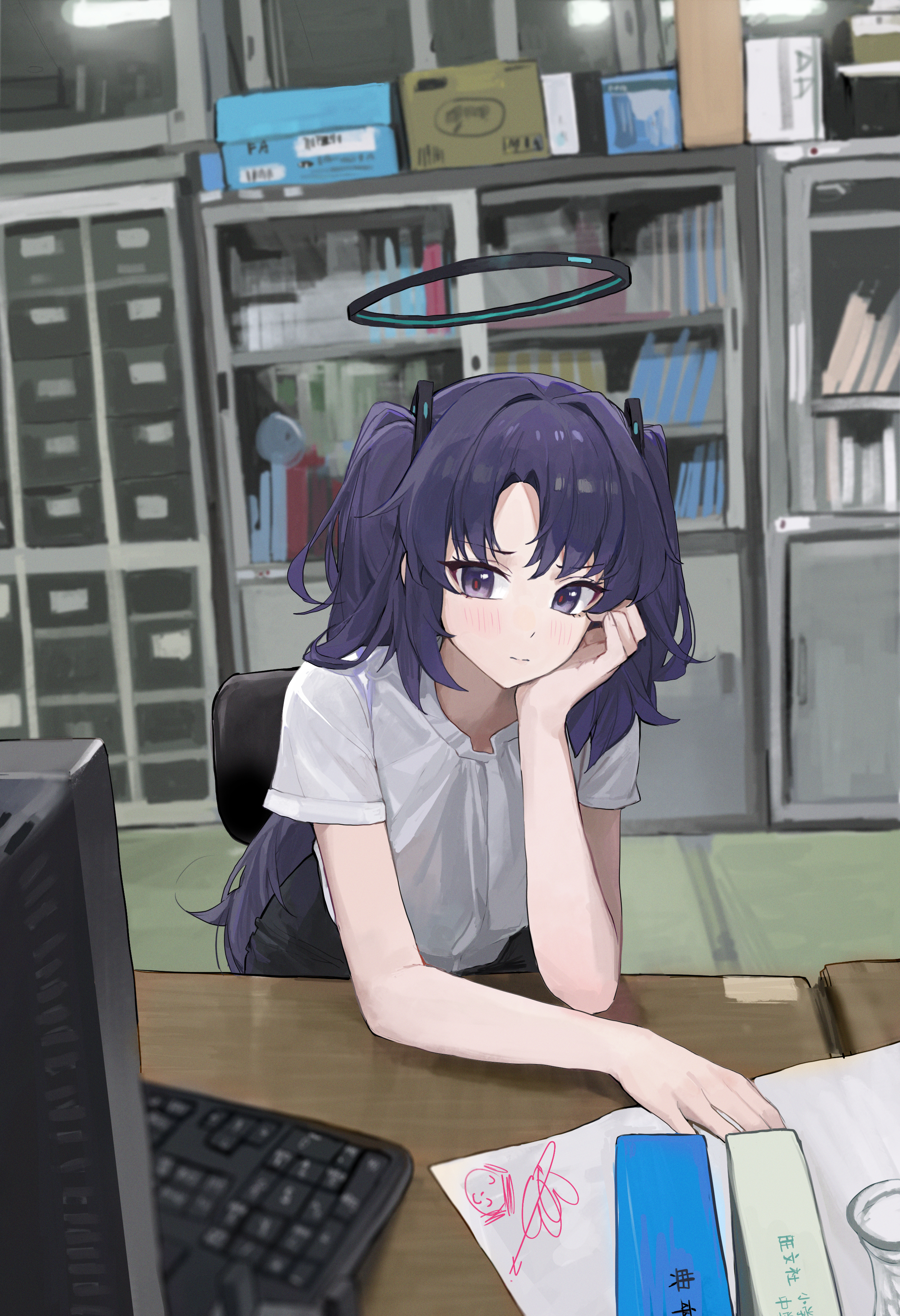 jianjia, doodle sensei (blue archive), sensei (blue archive), yuuka (blue archive), blue archive, absurdres, highres, 1girl, bare arms, blush, computer keyboard, drawing (object), halo, indoors, long hair, looking at viewer, pov across table, purple eyes, purple hair, red pupils, shirt, short sleeves, signature, solo, two side up, very long hair, white shirt