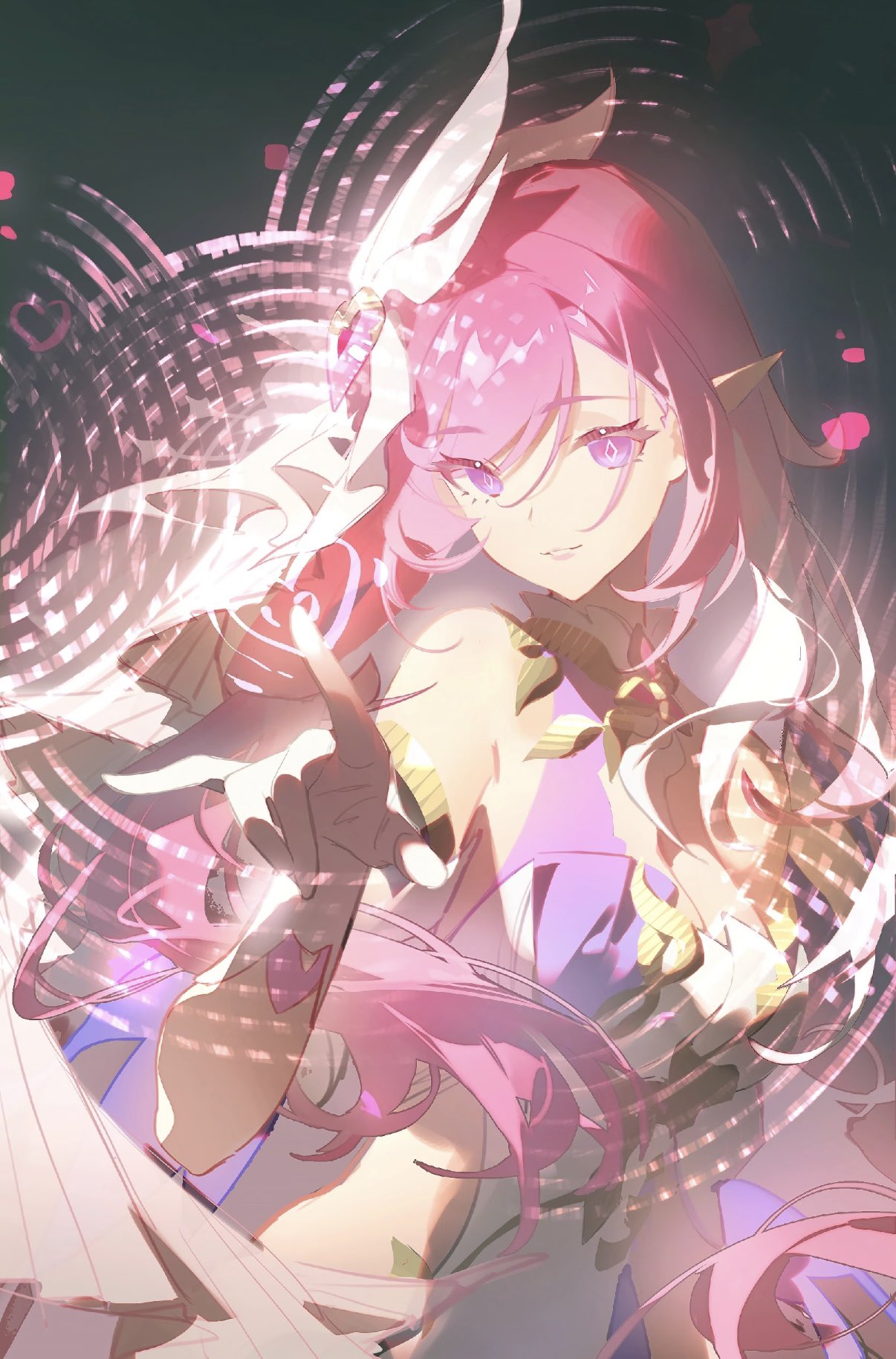 emurina, elysia (herrscher of human: ego) (honkai impact), elysia (honkai impact), honkai (series), honkai impact 3rd, chinese commentary, commentary request, highres, 1girl, breasts, cleavage, corset, diamond-shaped pupils, diamond (shape), elf, hair ornament, heart, large breasts, long hair, looking at viewer, pink hair, pointy ears, purple eyes, solo, symbol-shaped pupils, teeth, triquetra, very long hair, white corset
