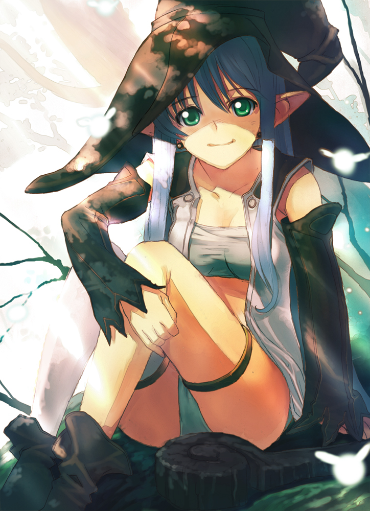 hirokiku, original, bad id, bad pixiv id, 1girl, blue hair, detached sleeves, elf, fairy, female focus, green eyes, hat, panties, pointy ears, sitting, solo, underwear, witch hat