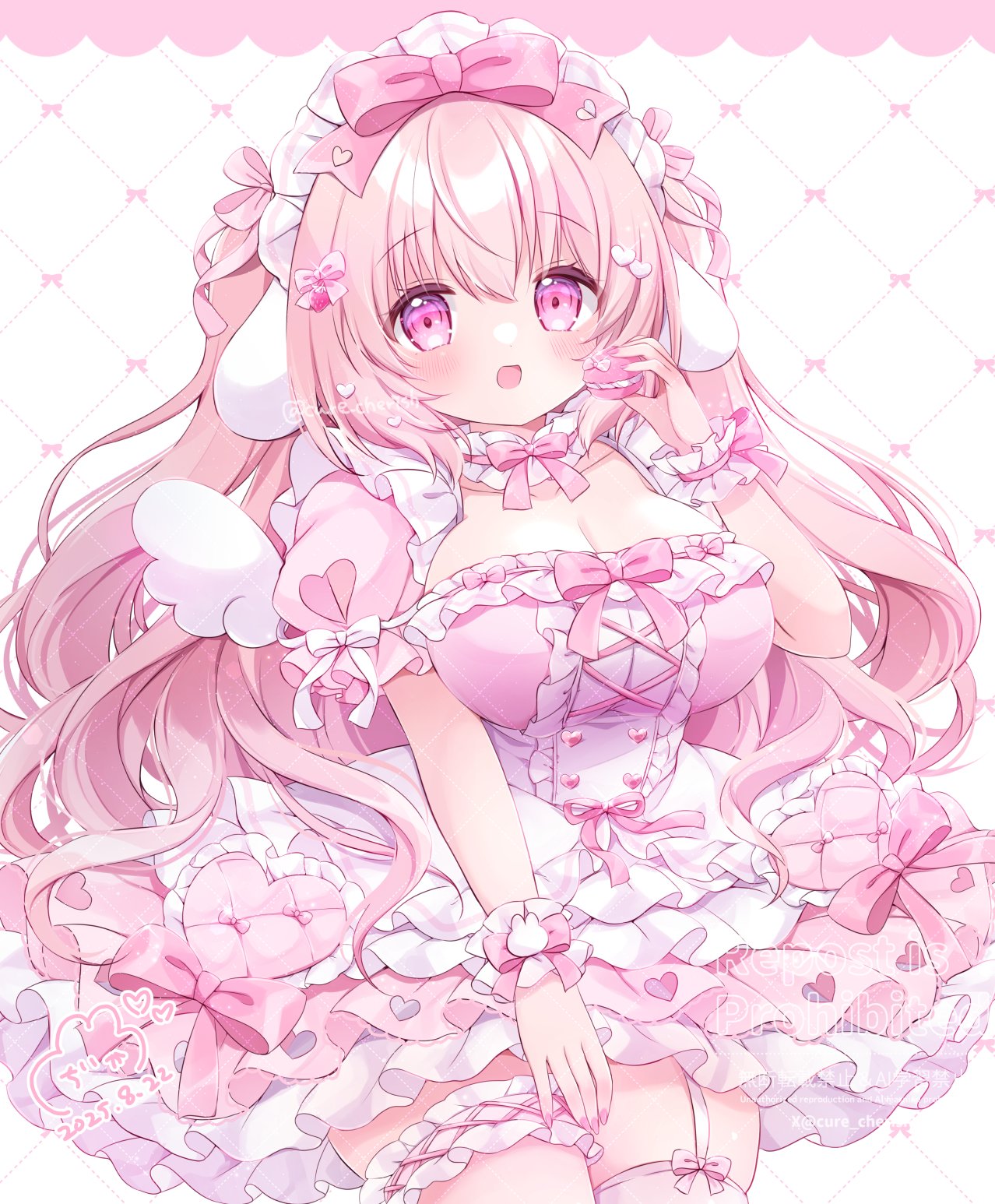 chiika (cure cherish), original, commentary, highres, symbol-only commentary, 1girl, :d, artist logo, blush, bow, breasts, cleavage, cleavage cutout, clothing cutout, cowboy shot, dated, dress, frilled dress, frilled wrist cuffs, frills, hair bow, hand up, large breasts, logo, long hair, looking at viewer, maid headdress, open mouth, pink bow, pink dress, pink eyes, pink hair, short sleeves, smile, solo, twitter username, watermark, white background, wrist cuffs