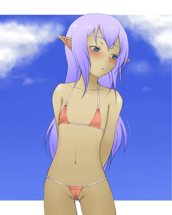 665544, elvaan, prishe, final fantasy, final fantasy xi, bad id, bad pixiv id, 00s, 1girl, bikini, blush, cameltoe, dark-skinned female, dark skin, day, elf, female focus, flat chest, micro bikini, pink bikini, pointy ears, solo, swimsuit