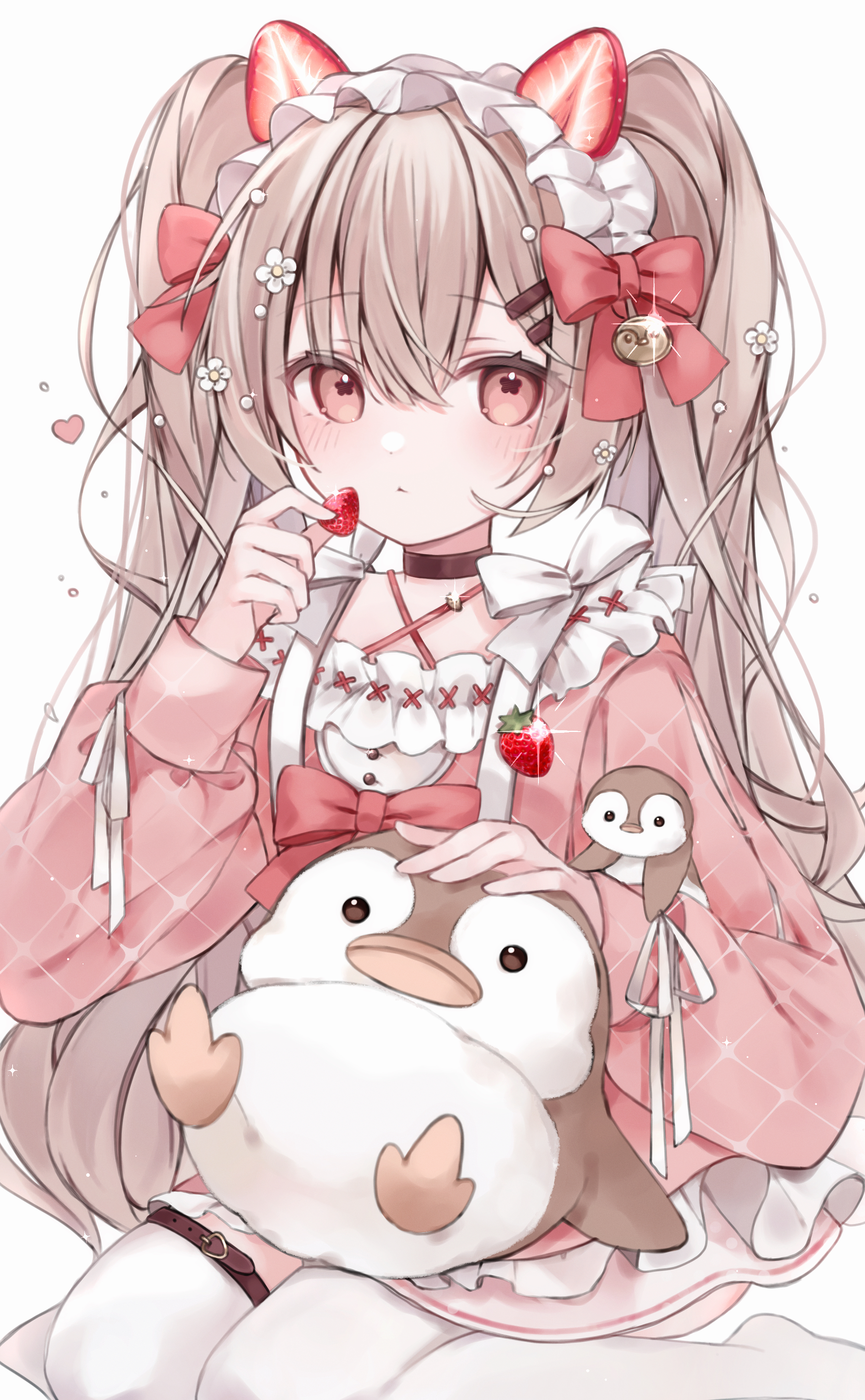 yuki (yuki no 42), original, absurdres, commentary, highres, 1girl, bird, blush, bow, brown choker, brown hair, choker, closed mouth, dress, food, fruit, full body, hair between eyes, hair bow, hair ornament, hairclip, holding, holding food, holding fruit, long hair, long sleeves, looking at viewer, parallel hairclips, penguin, pink dress, red bow, red eyes, simple background, sitting, solo, strawberry, thighhighs, twintails, wariza, white background, white thighhighs