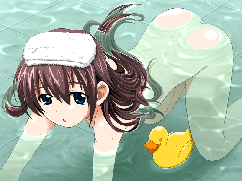 katakura shinji, amamiya natsume, edelweiss, game cg, 1girl, all fours, bath, blue eyes, female focus, long hair, looking at viewer, nude, rubber duck, solo, towel, towel on head, wet, wet hair