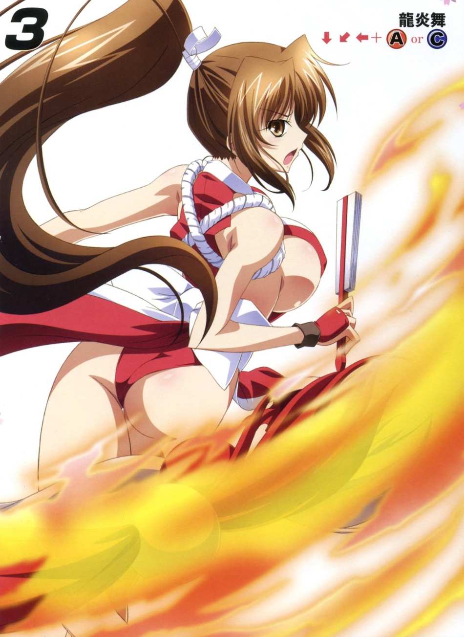 izumi mahiru, shiranui mai, fatal fury, queen's blade, queen's gate, snk, the king of fighters, highres, 1girl, ass, breasts, brown hair, cleavage, female focus, fire, folded fan, folding fan, hand fan, japanese clothes, large breasts, long hair, panties, pelvic curtain, ponytail, pyrokinesis, sideboob, solo, underwear