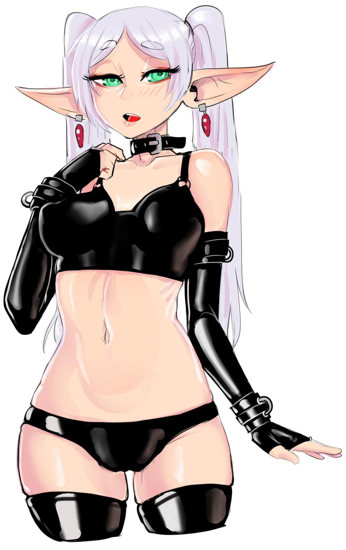 darkminou, frieren, sousou no frieren, highres, 1girl, alternate costume, bare shoulders, black gloves, black panties, blush, breasts, covered erect nipples, cowboy shot, cropped legs, earrings, elbow gloves, gloves, green eyes, grey background, hand up, jewelry, large breasts, navel, panties, pointy ears, solo, stomach, teeth, tongue, twintails, underwear, upper teeth only