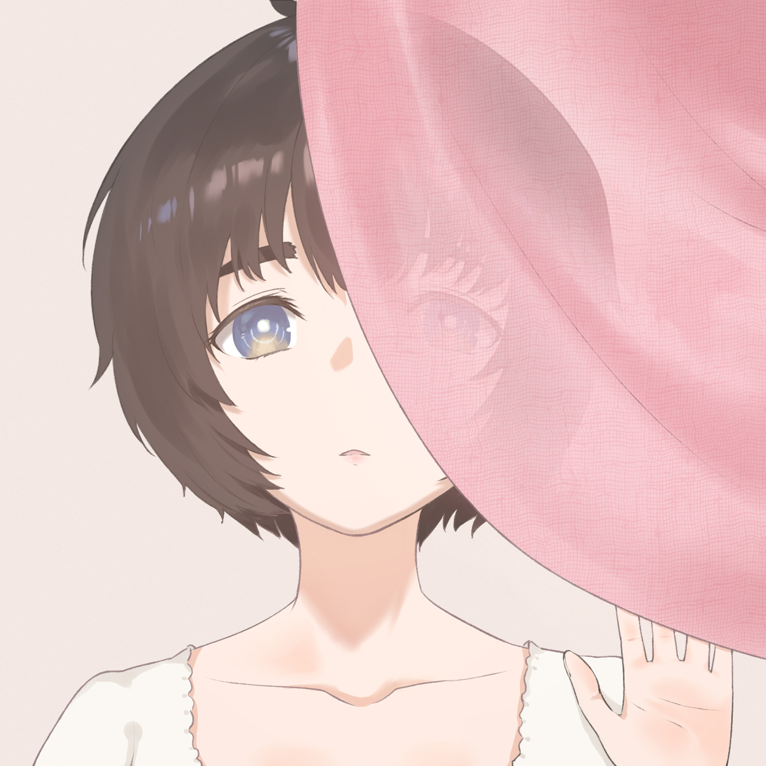 marsirome, shiina mayuri, science adventure, steins;gate, steins;gate 0, highres, 1girl, :o, black hair, blue eyes, bob cut, close-up, collarbone, looking at viewer, open mouth, parted lips, portrait, short hair, simple background, solo, upper body
