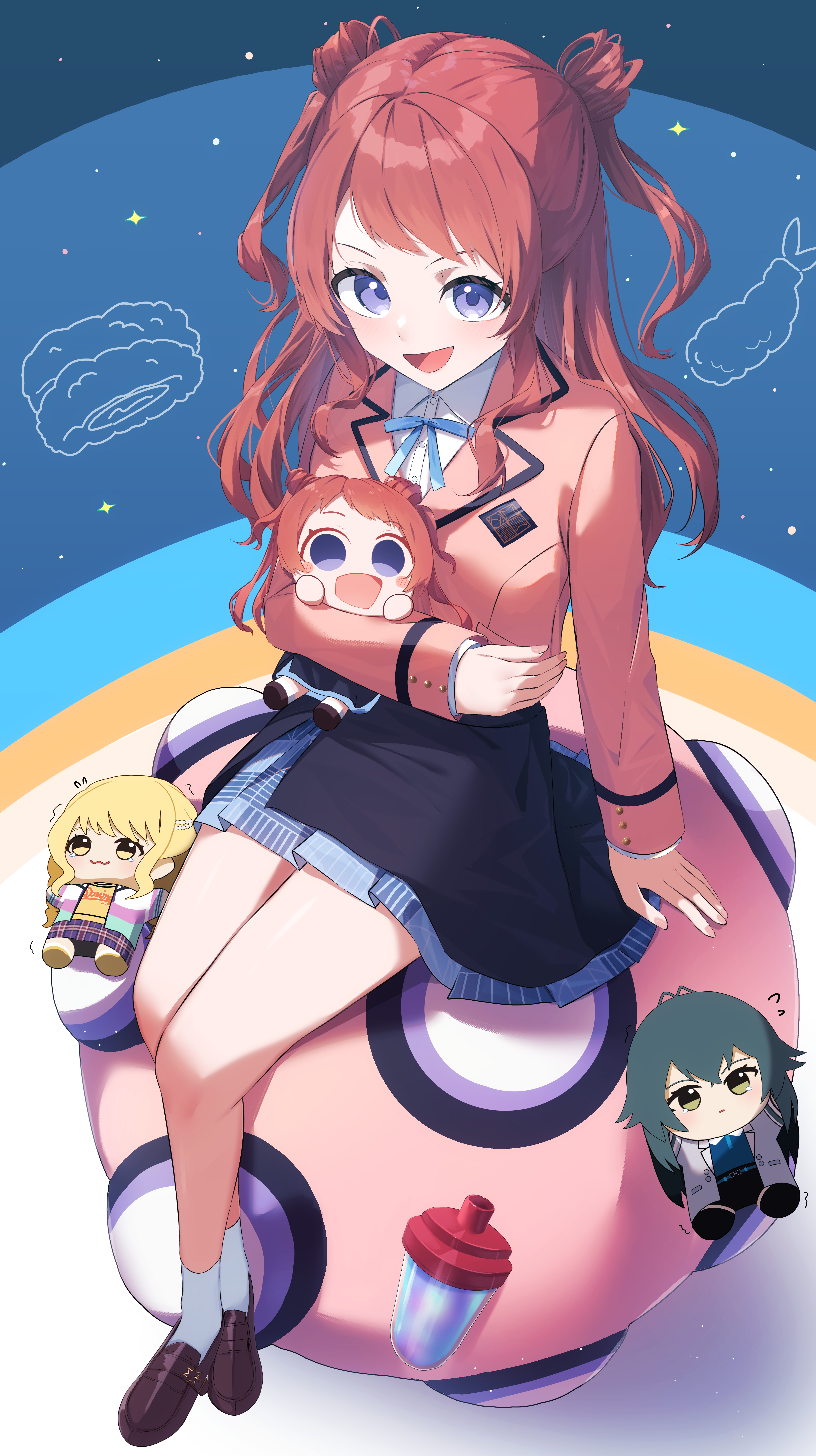 a sayu, fujita kotone, hanami saki, tsukimura temari, gakuen idolmaster, idolmaster, absurdres, commentary request, highres, 4girls, bare legs, black overskirt, blazer, blue ribbon, blue skirt, blush, brown hair, brown jacket, chibi, chibigurumi, dual persona, flying sweatdrops, food, full body, hatsuboshi gakuen school uniform, jacket, katsu (food), long hair, looking at viewer, multiple girls, neck ribbon, ribbon, school uniform, shirt, shrimp, shrimp tempura, sitting, skirt, smile, tempura, two side up, white shirt