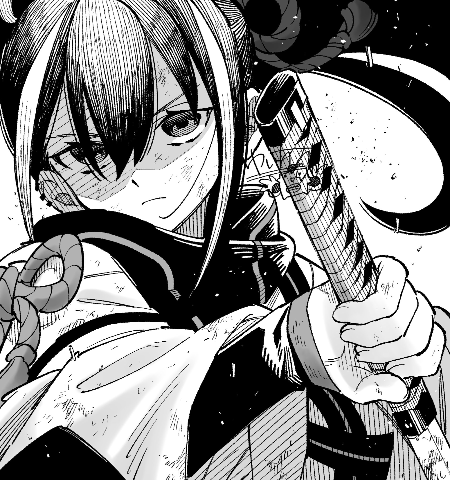sakake asobi, kawakami gensai (fate), fate/grand order, fate (series), highres, 1girl, black eyes, black hair, black scarf, greyscale, holding, holding sword, holding weapon, japanese clothes, kawakami gensai (first ascension) (fate), long hair, looking at viewer, monochrome, ponytail, scarf, solo, sword, weapon, white hair