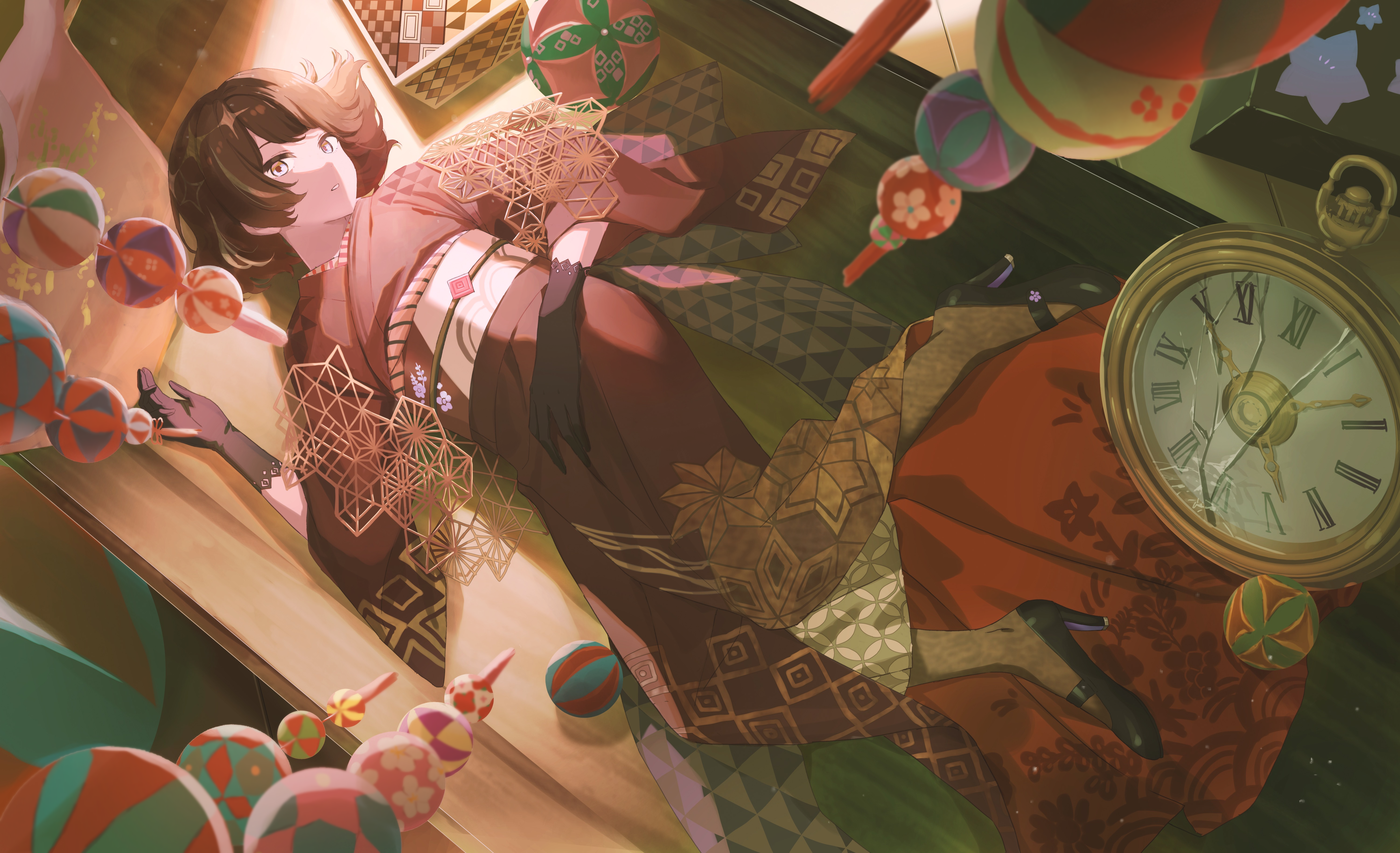 original, absurdres, commentary request, highres, 1girl, akibare (mmpv2224), black gloves, black shoes, blue eyes, brown hair, clock, full body, gloves, high heels, japanese clothes, kimono, long sleeves, lying, obi, on back, parted lips, red kimono, sash, shoes, short hair, solo, wide sleeves