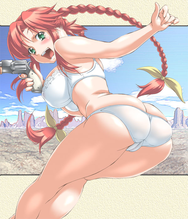 jon shicchiou, rebecca streisand, wild arms, wild arms 5, 1girl, ass, blush, bra, braid, breasts, butt crack, cameltoe, canyon, day, female focus, green eyes, gun, large breasts, lingerie, long hair, panties, red hair, sky, solo, twin braids, twintails, underwear, underwear only, weapon, white bra, white panties