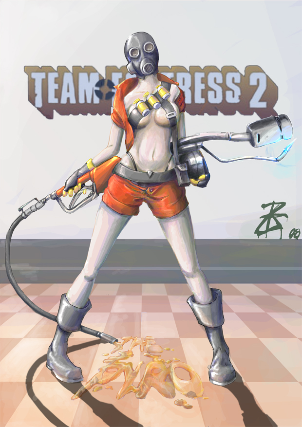 khornez, pyro (tf2), red pyro (tf2), team fortress 2, gender request, 1girl, bandolier, belt, blouse, boots, breasts, checkered floor, explosive, female focus, flamethrower, gas mask, genderswap, gloves, grenade, holding flamethrower, holding weapon, mask, medium breasts, open clothes, open shirt, red shirt, shirt, solo, underboob, valve, weapon