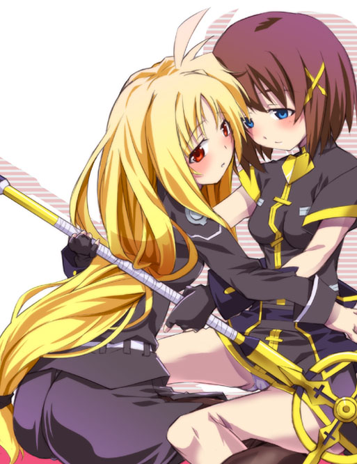 fate testarossa, schwertkreuz, yagami hayate, lyrical nanoha, mahou shoujo lyrical nanoha, mahou shoujo lyrical nanoha strikers, 00s, 2girls, blonde hair, blush, long hair, low-tied long hair, multiple girls, pantyhose, staff, yuri