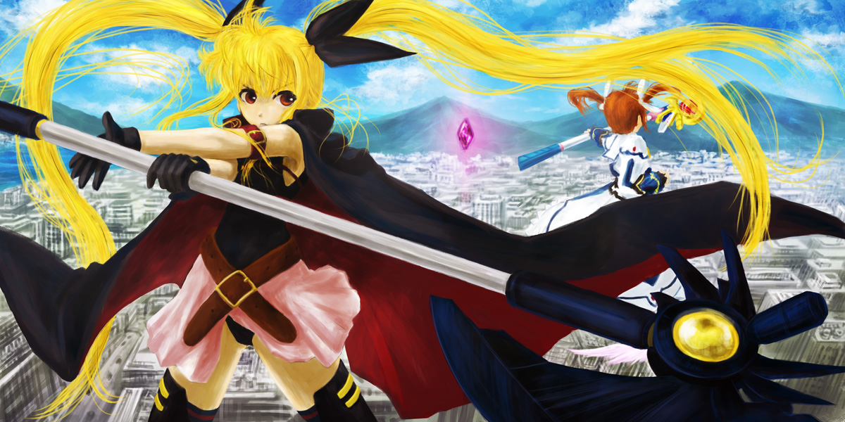 bardiche (axe form) (nanoha), bardiche (nanoha), fate testarossa, raising heart, raising heart (device mode) (1st), takamachi nanoha, lyrical nanoha, mahou shoujo lyrical nanoha, mahou shoujo lyrical nanoha the movie 1st, 10s, 2girls, blonde hair, jewel seed, long hair, multiple girls, thighhighs, twintails