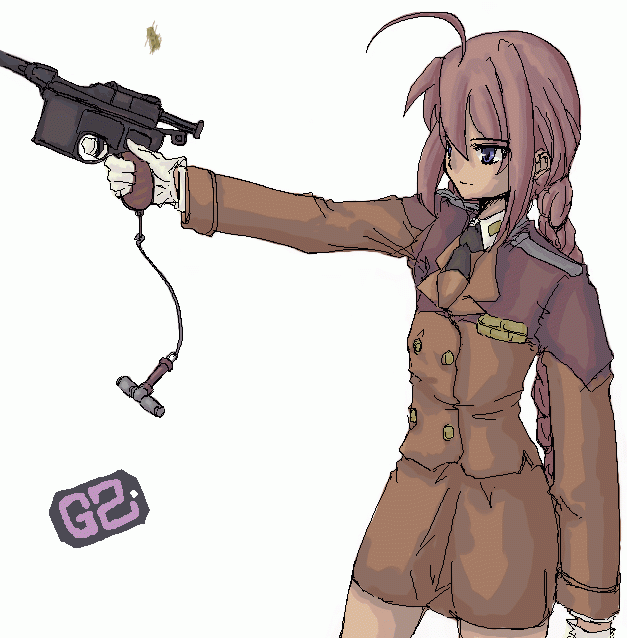 vita (nanoha), lyrical nanoha, mahou shoujo lyrical nanoha, mahou shoujo lyrical nanoha strikers, 00s, 1girl, female focus, gun, handgun, mauser c96, military, military uniform, pencil skirt, pistol, skirt, solo, weapon