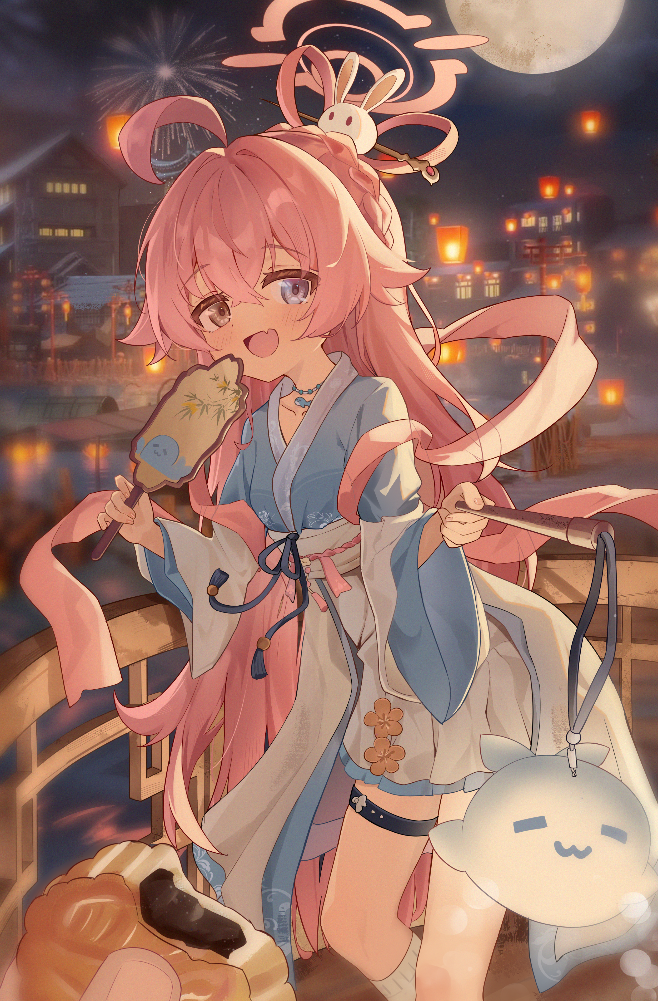 exusiai dust, hoshino (blue archive), blue archive, absurdres, commentary, highres, 1girl, aerial fireworks, ahoge, blue eyes, blue kimono, breasts, brown eyes, fang, fireworks, halo, hand fan, heterochromia, holding, holding fan, japanese clothes, kimono, long hair, long sleeves, night, open mouth, outdoors, pink hair, pink halo, pov, pov hands, skin fang, skirt, small breasts, solo focus, thigh strap, very long hair, white skirt