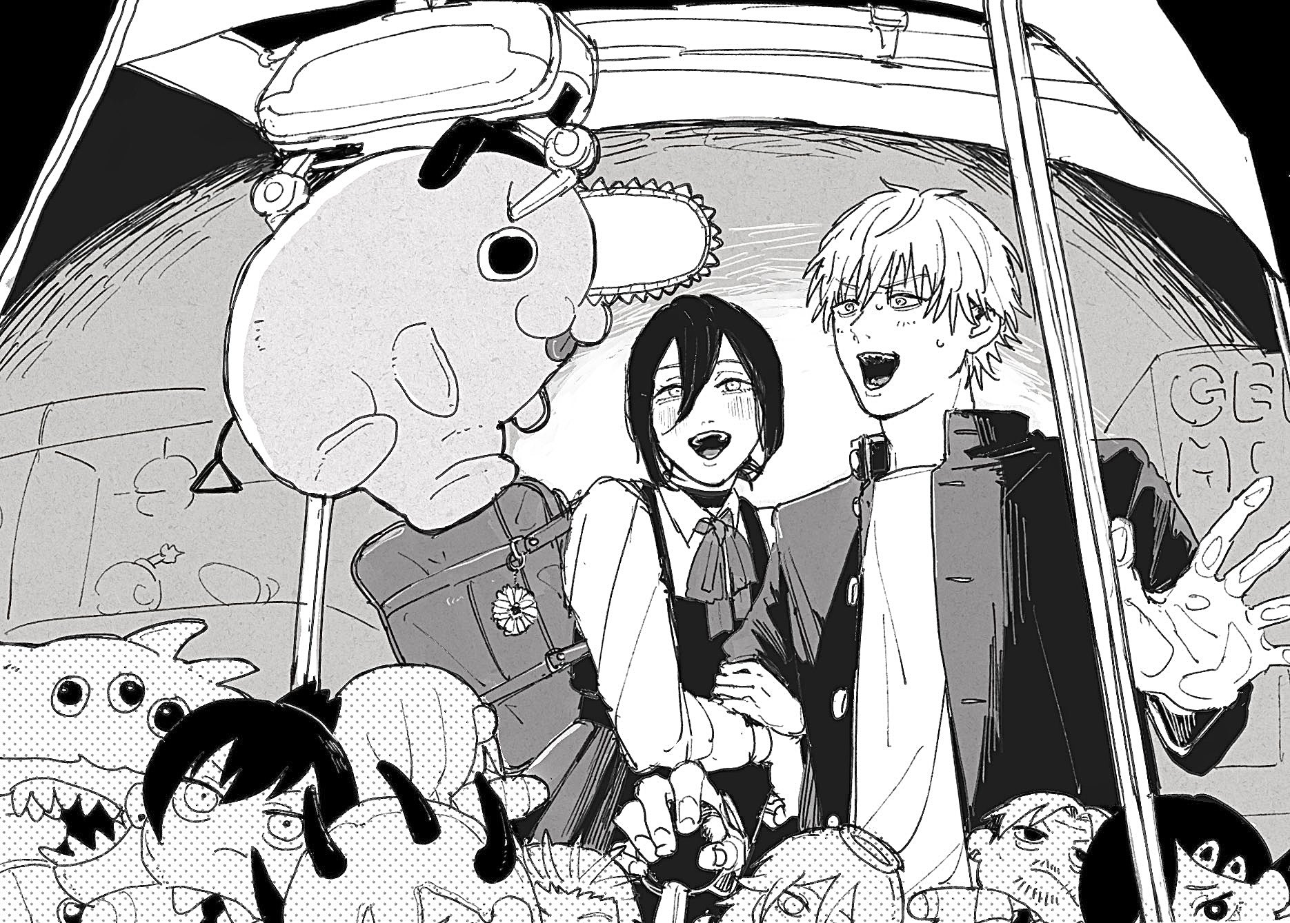angel devil (chainsaw man), denji (chainsaw man), hayakawa aki, higashiyama kobeni, kishibe (chainsaw man), pochita (chainsaw man), power (chainsaw man), reze (chainsaw man), chainsaw man, highres, 1boy, 1girl, bag, bag charm, blush, character doll, charm (object), crane game, doll, dress, flower charm, gakuran, greyscale, hair between eyes, hetero, locked arms, looking down, mcybkw82, monochrome, neck ribbon, pinafore dress, ribbon, school bag, school uniform, shark devil (chainsaw man), sharp teeth, sleeveless, sleeveless dress, smile, teeth
