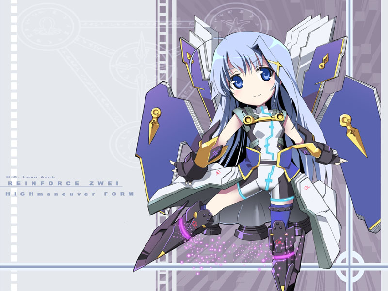 reinforce zwei, lyrical nanoha, mahou shoujo lyrical nanoha, mahou shoujo lyrical nanoha strikers, silver hair, 00s, 1girl, blue eyes, blue hair, bodysuit, female focus, full body, long hair, looking at viewer, machinery, magical girl, matching hair/eyes, mecha musume, skin tight, solo, text focus