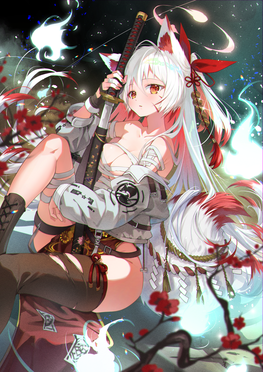 07touka25, original, commentary request, highres, 1girl, animal ear fluff, animal ears, bandages, black gloves, blush, boots, breasts, brown boots, brown thighhighs, cleavage, collarbone, feet out of frame, fingerless gloves, fox ears, fox girl, fox tail, gloves, grey jacket, hair ribbon, jacket, knee up, large breasts, long hair, long sleeves, looking at viewer, off shoulder, open clothes, open jacket, open mouth, orange eyes, parted lips, red ribbon, ribbon, single thighhigh, sitting, tail, thighhighs, torn clothes, torn thighhighs, white hair
