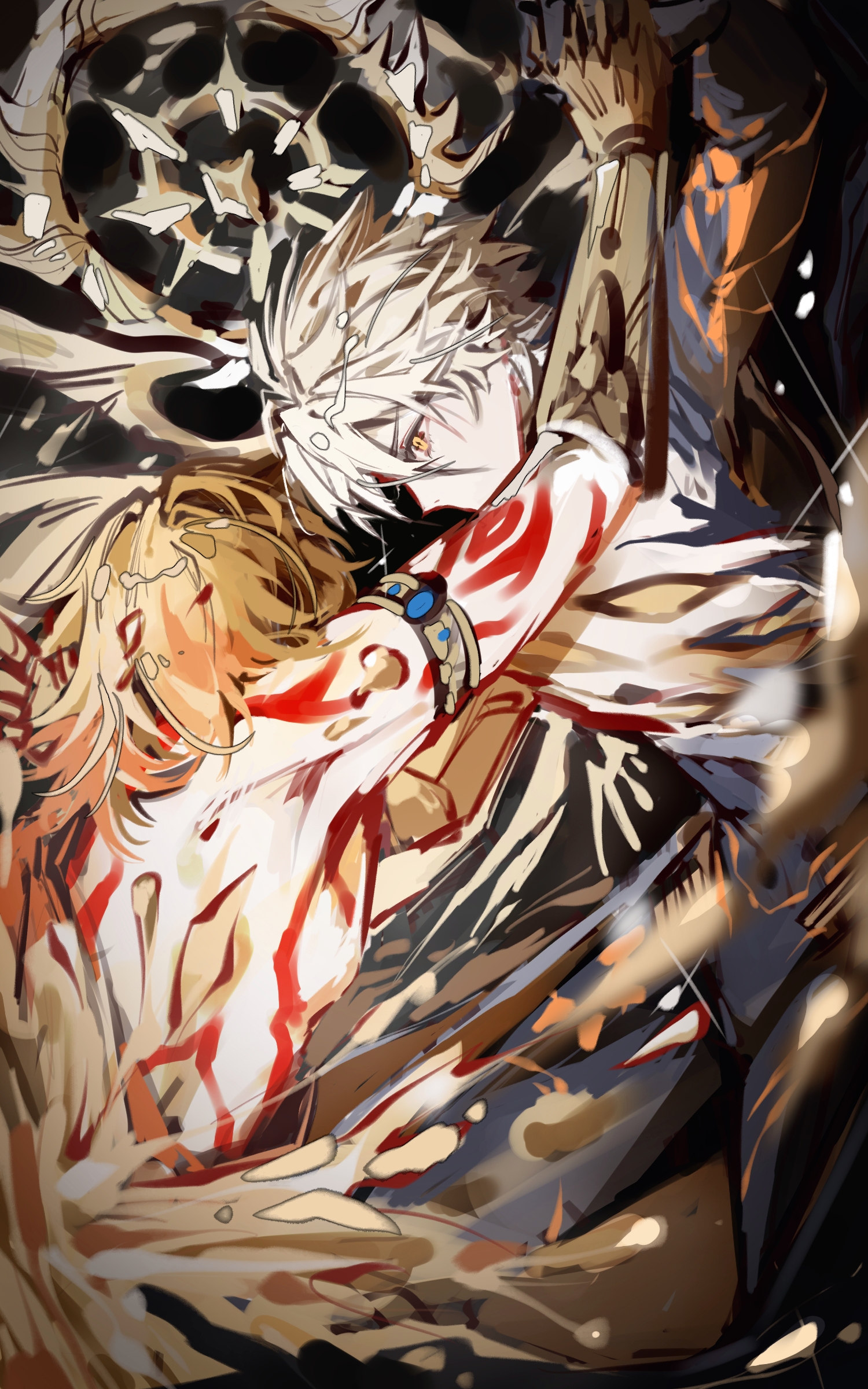 mydei (honkai: star rail), phainon (honkai: star rail), phainon (khaslana) (honkai: star rail), honkai: star rail, honkai (series), absurdres, chinese commentary, commentary request, highres, 2boys, alternate form, arm tattoo, armlet, blonde hair, braid, chest tattoo, clawed gauntlets, cracked skin, fighting, gradient hair, halo, halo behind head, jewelry, kerror028, male focus, medium hair, multicolored hair, multiple boys, red hair, red tattoo, side braid, tattoo, yellow blood