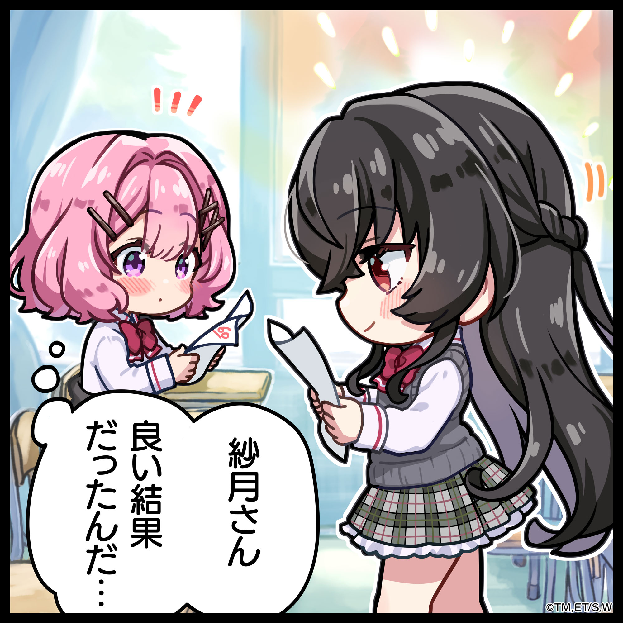 fukube, amaori renako, watashi ga koibito ni nareru wake naijan murimuri!, highres, official art, translation request, 2girls, black hair, blush, braid, cardigan, cardigan around waist, chibi, classroom, clothes around waist, guest art, hair ornament, holding, multiple girls, pink hair, school uniform, smile